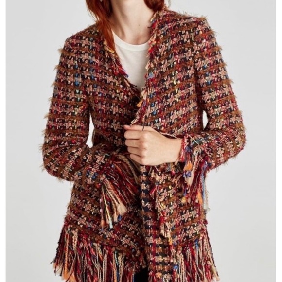 Zara Jackets & Blazers - Zara Tweed Jacket Women Large Multicolor NWT Fringe Open Front Boho Chic Blazer